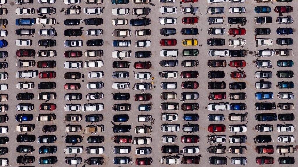drone photo of a packed parking lot